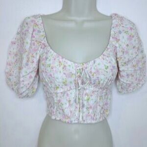 Elodie Floral Puff Sleeve Blouse in Cream and Pink